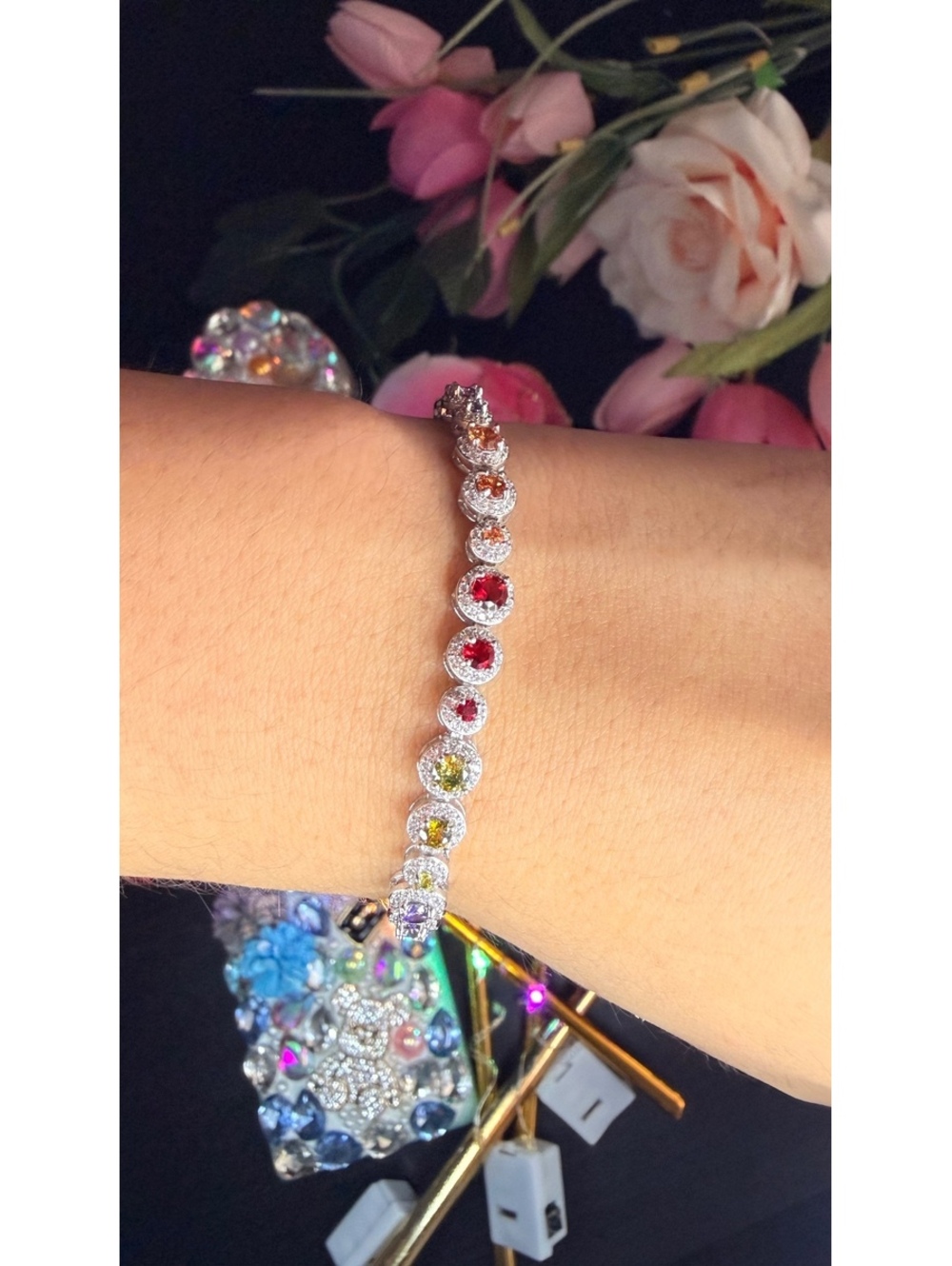 Multicolor Gemstone Tennis Bracelet in Silver Tone with Round Cut Stones